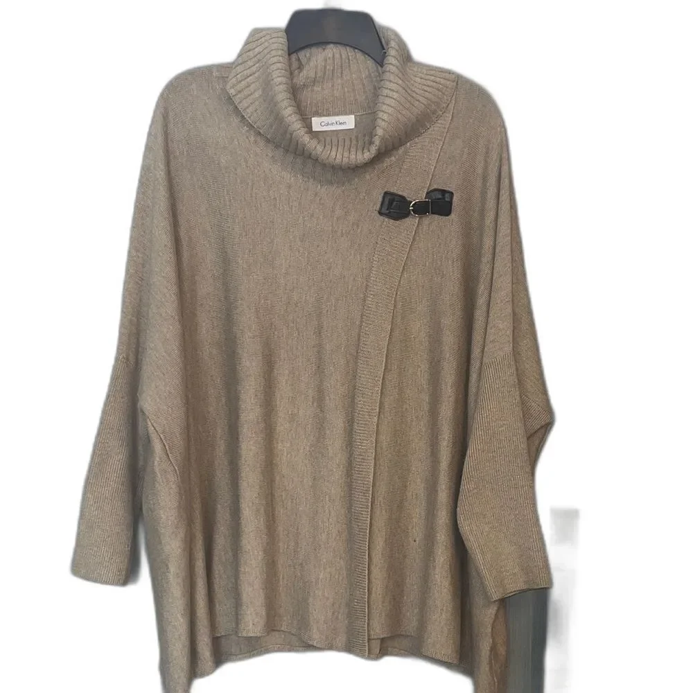 Calvin Klein Sz L/XL Taupe Cowl Neck Poncho Sweater W/ Buckle #luxe #flowy #chic